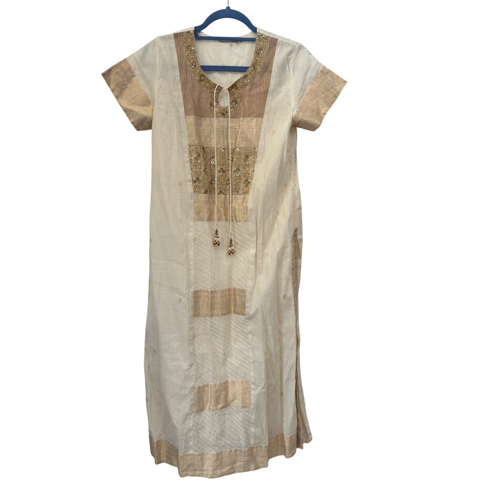 Kurta Kurti Tunic Cream Gold Embroidered Sequin Cotton Indian Boho Festive Sz 38